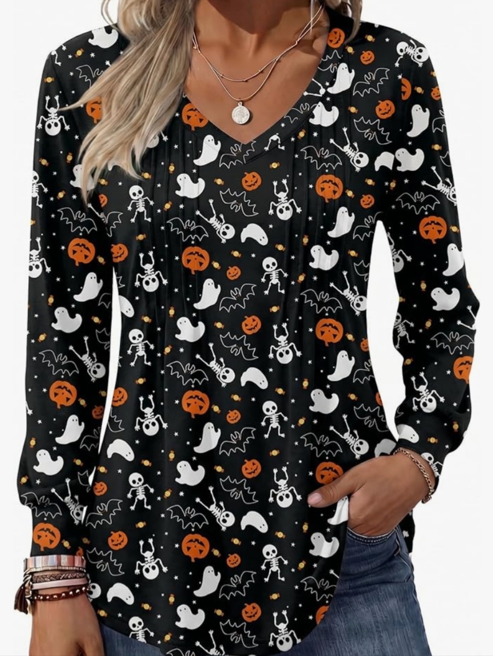 zeagoo Black Halloween V-Neck Long Sleeve Top with Orange & White Print Icons